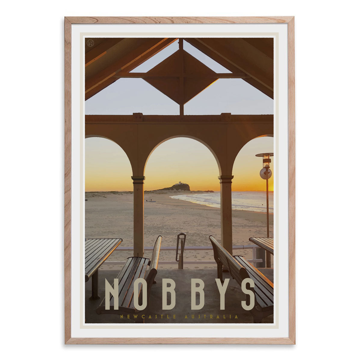 Nobbys beach newcastle vintage travel style oak framed print by placesweluv