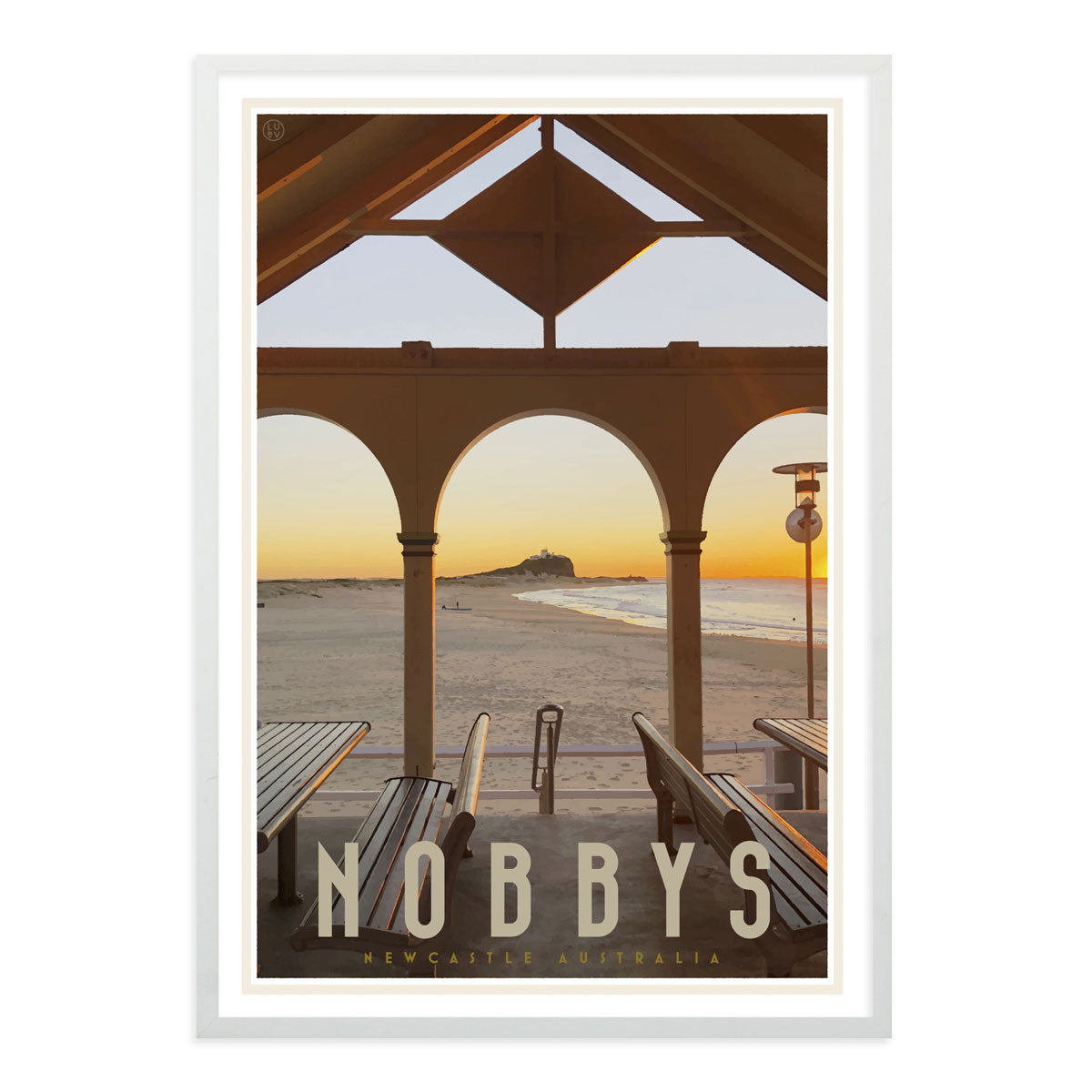 Nobbys beach newcastle vintage travel style white framed print by placesweluv