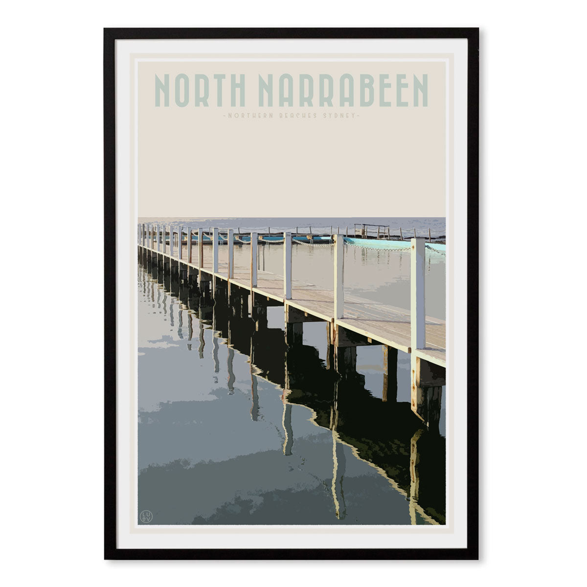 North Narrabeen vintage travel style black framed print by Places We Luv
