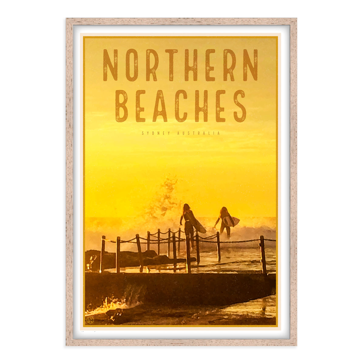Northern Beaches vintage travel style wood framed prints by Places We Luv 