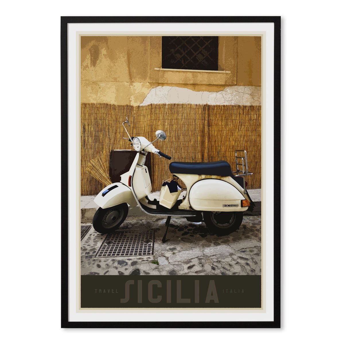 Sicily Vespa vintage travel style black framed poster designed by places we luv