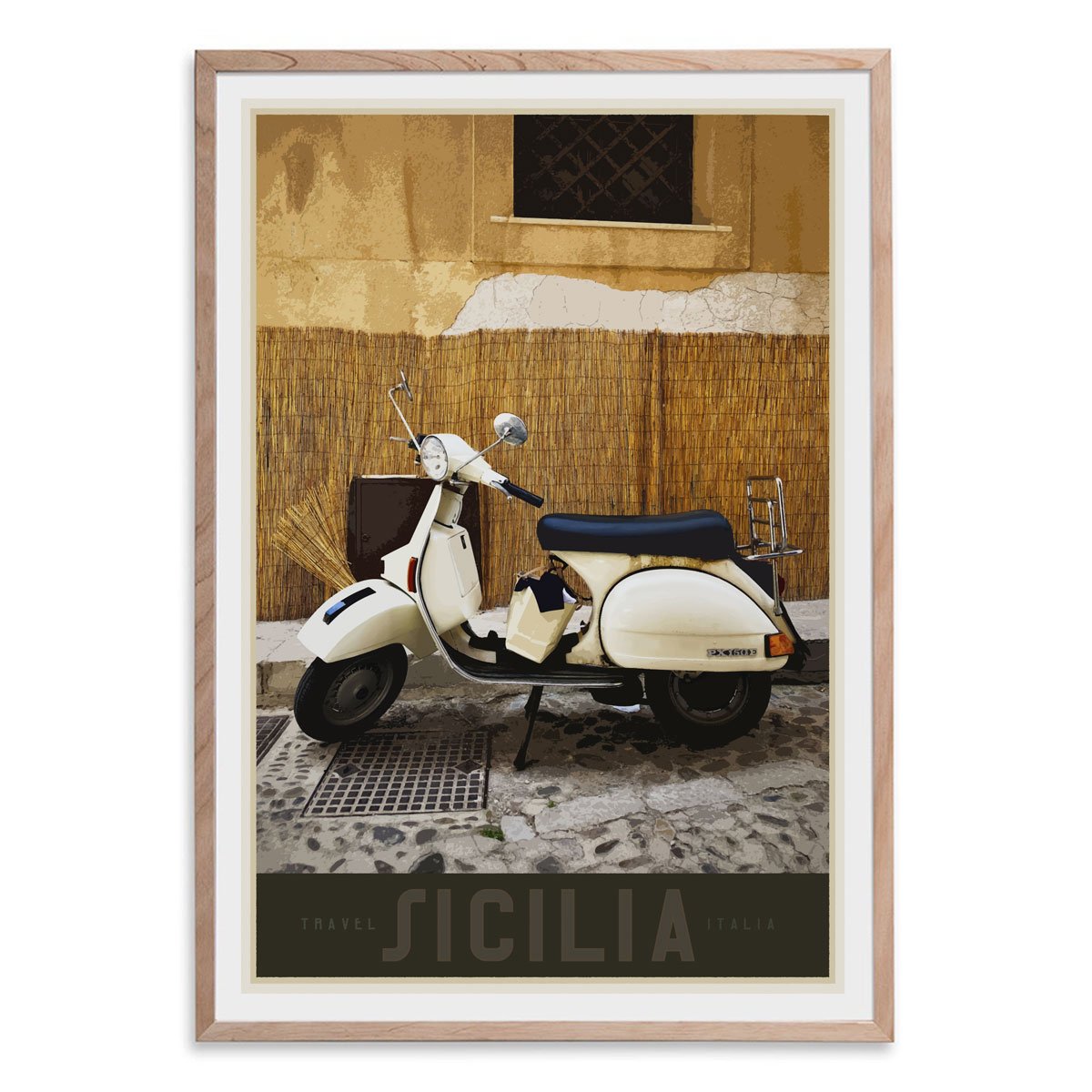 Sicily Vespa vintage travel style oak framed poster designed by places we luv