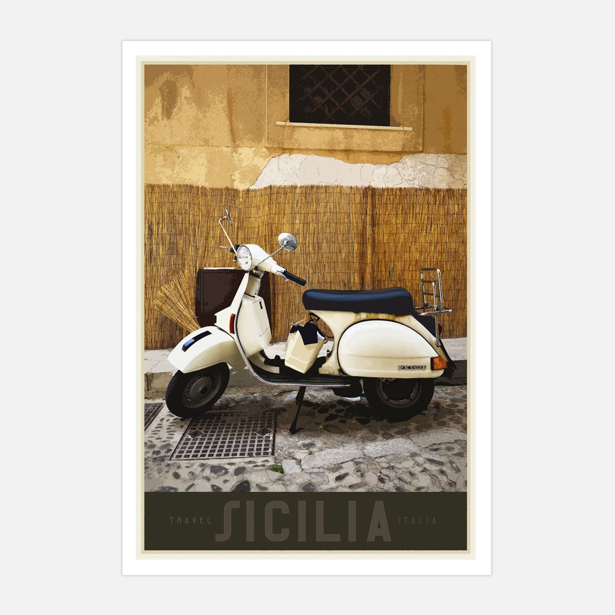 Sicily Vespa vintage travel style poster designed by places we luv
