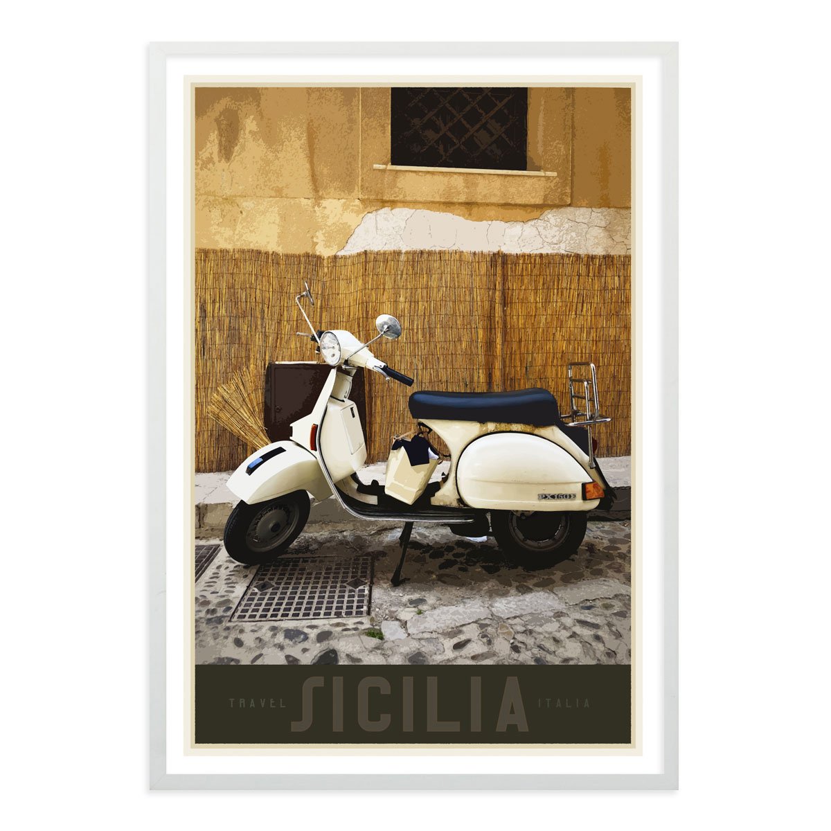 Sicily Vespa vintage travel style white framed poster designed by places we luv