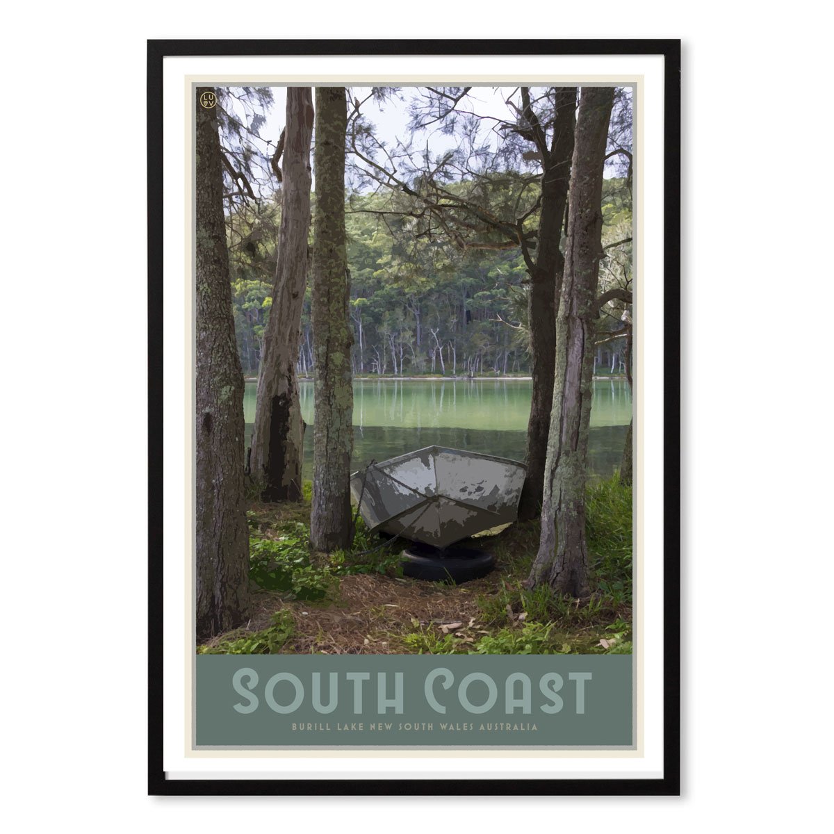 South Coast print in black frame, vintage travel style designed by Places We Luv