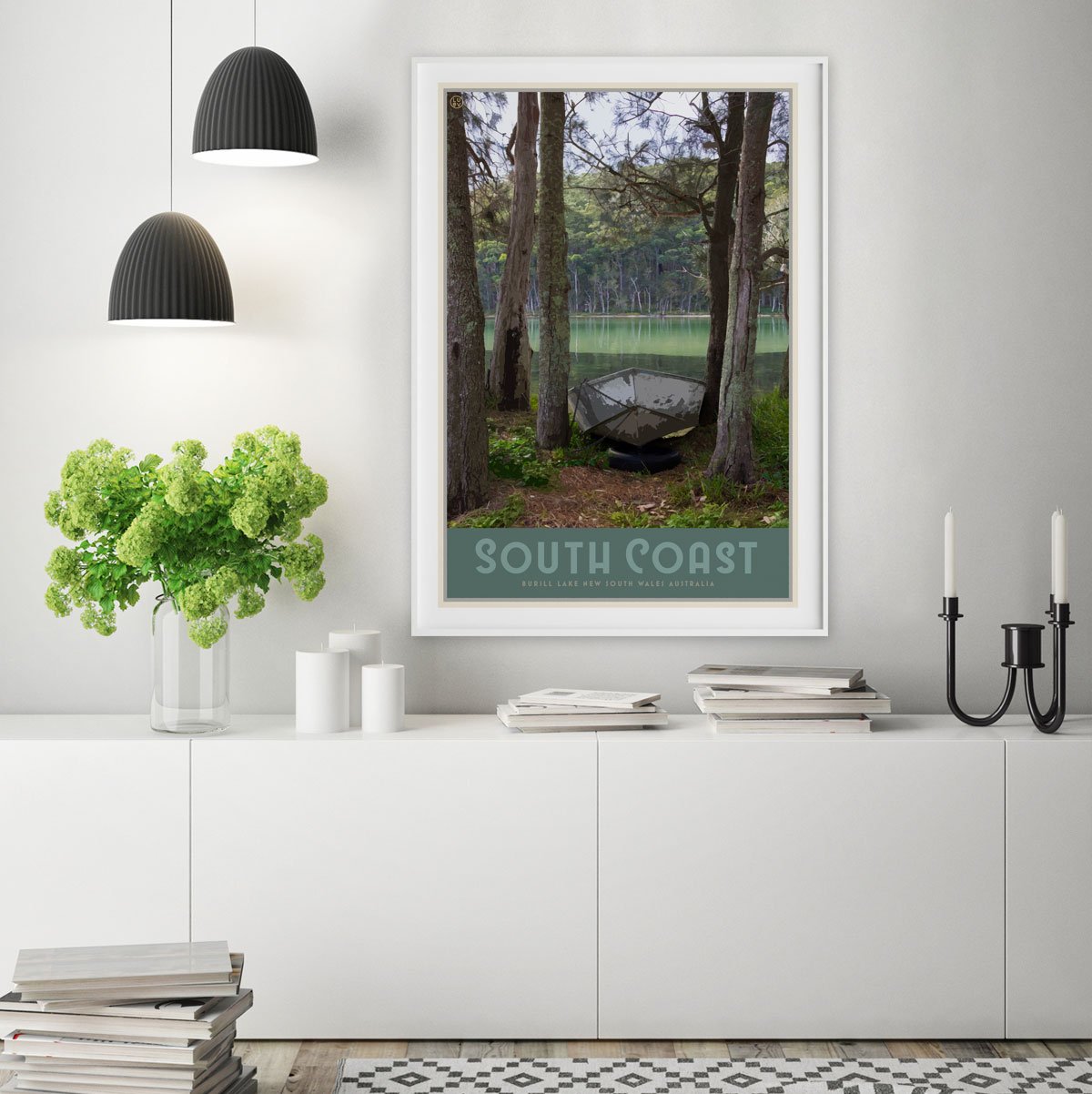 South Coast print in white frame, vintage travel style designed by Places We Luv