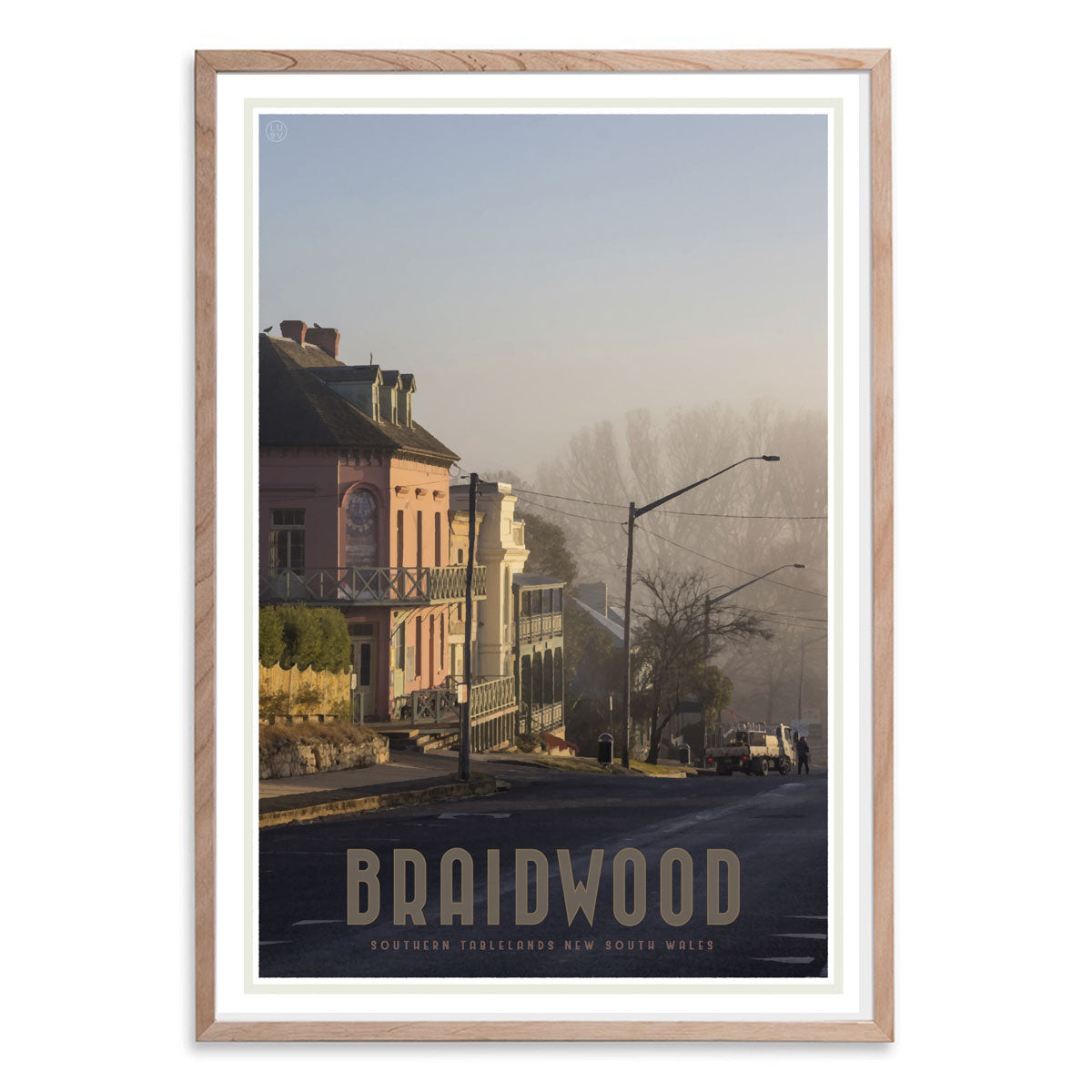 Braidwood Street oak framed vintage travel style poster. Original design Places We Luv