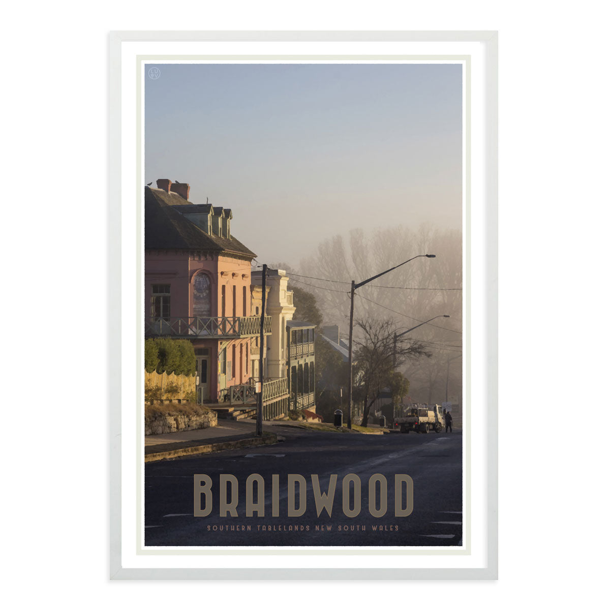 Braidwood Street white framed vintage travel style poster. Original design Places We Luv