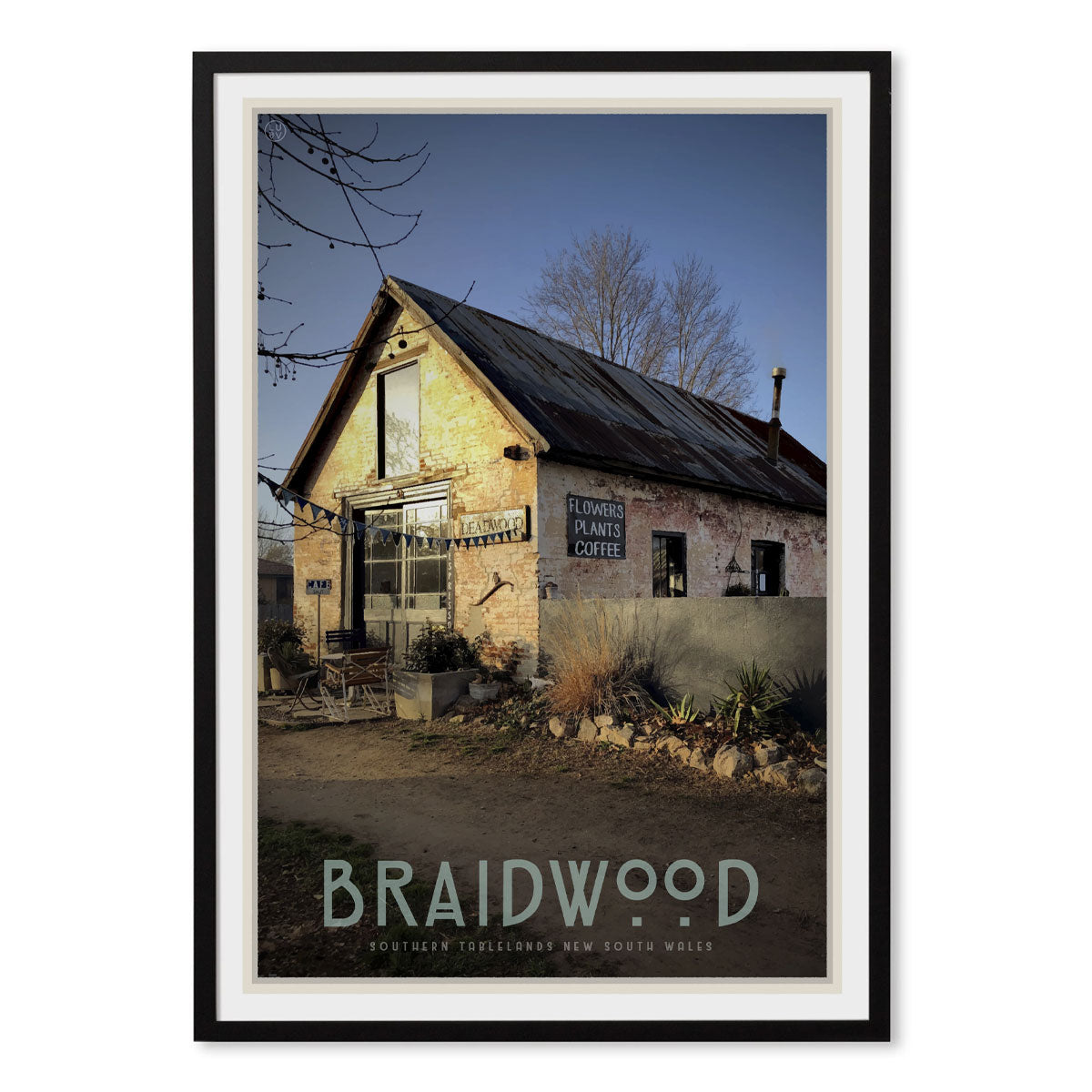 Braidwood cafe black framed vintage travel style poster. Original design by Places We Luv