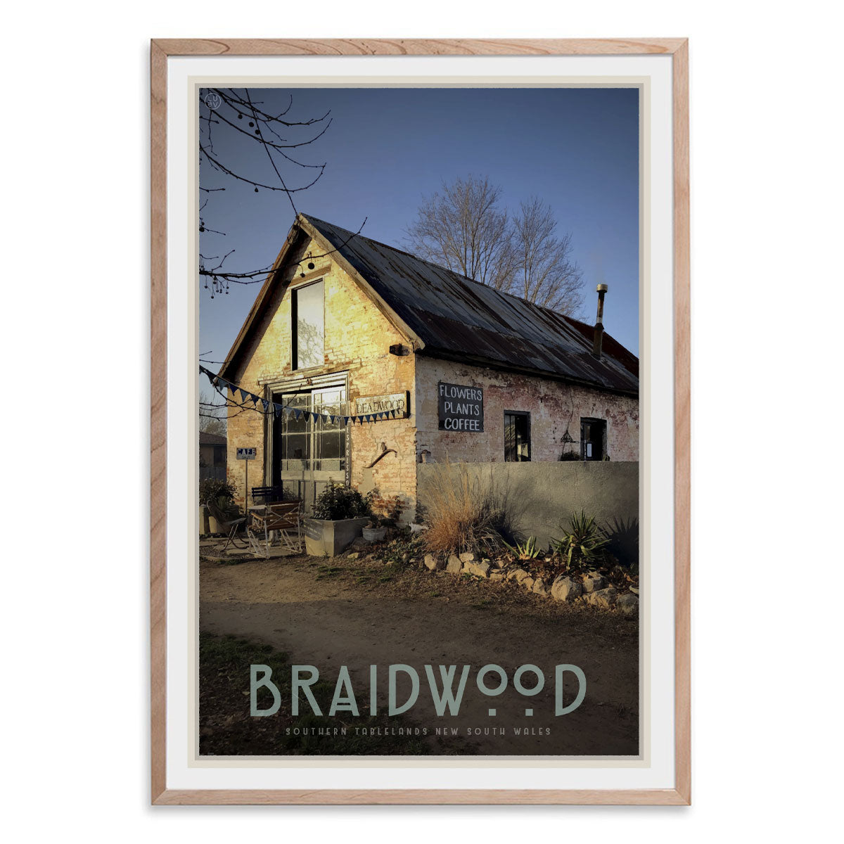 Braidwood cafe oak framed vintage travel style poster. Original design by Places We Luv