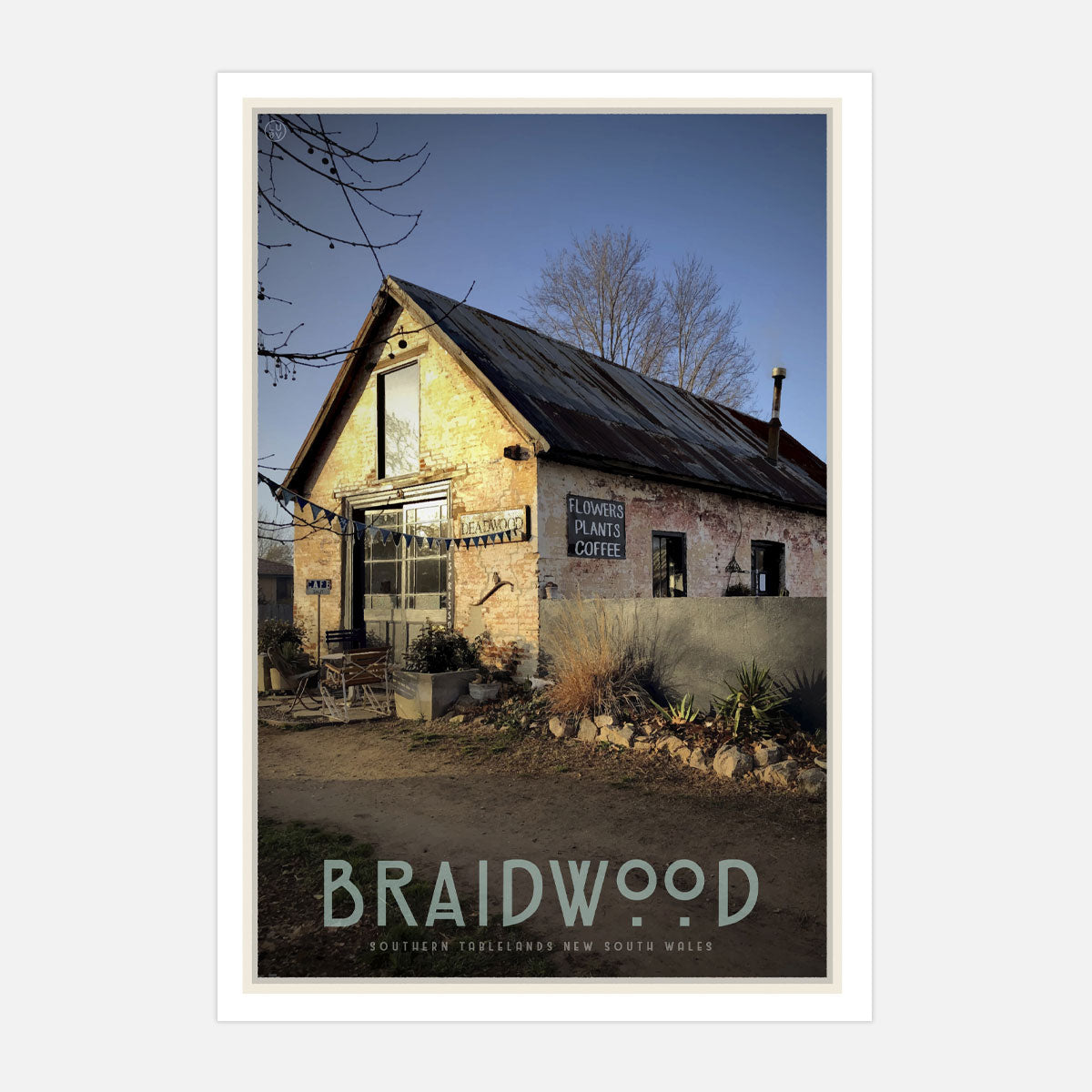 Braidwood cafe vintage travel style poster. Original design by Places We Luv