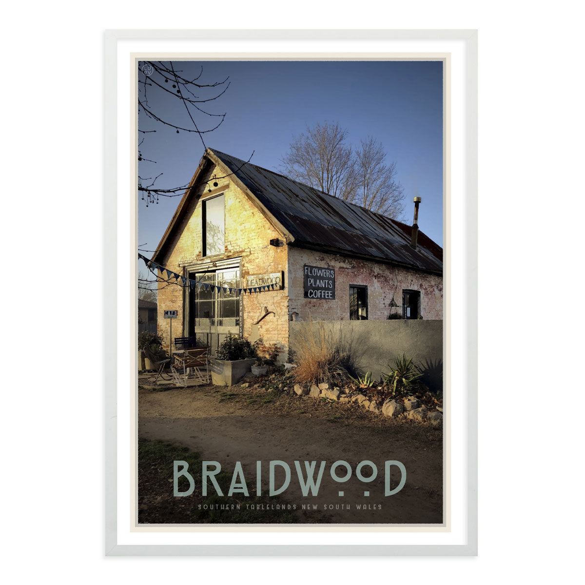 Braidwood cafe framed vintage travel style poster. Original design by Places We Luv