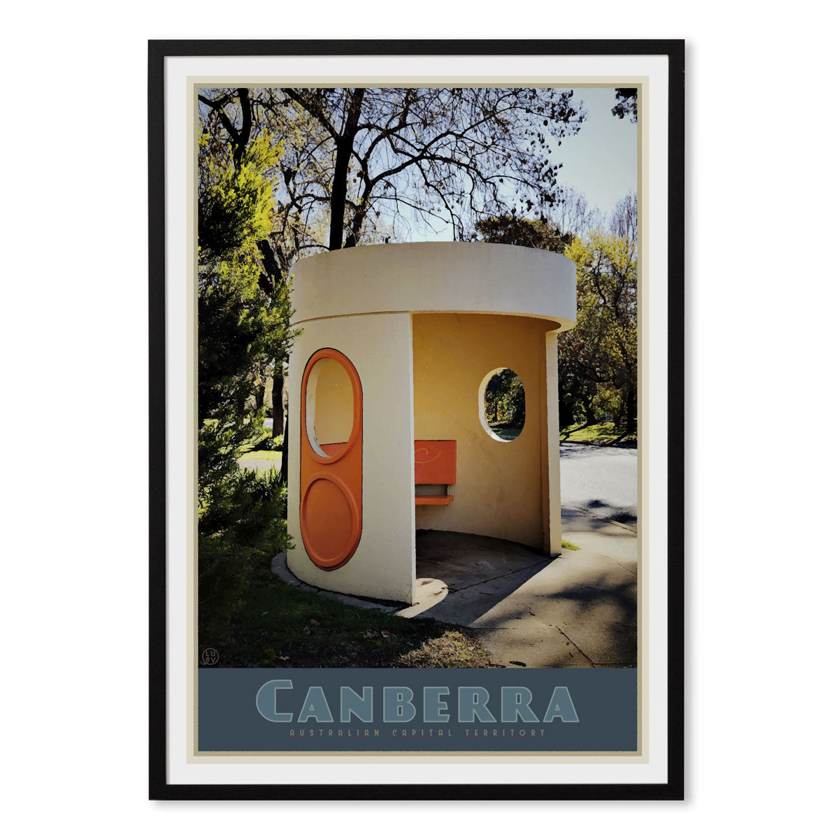 Canberra busstop black framed vintage travel poster. Original design by Places we luv
