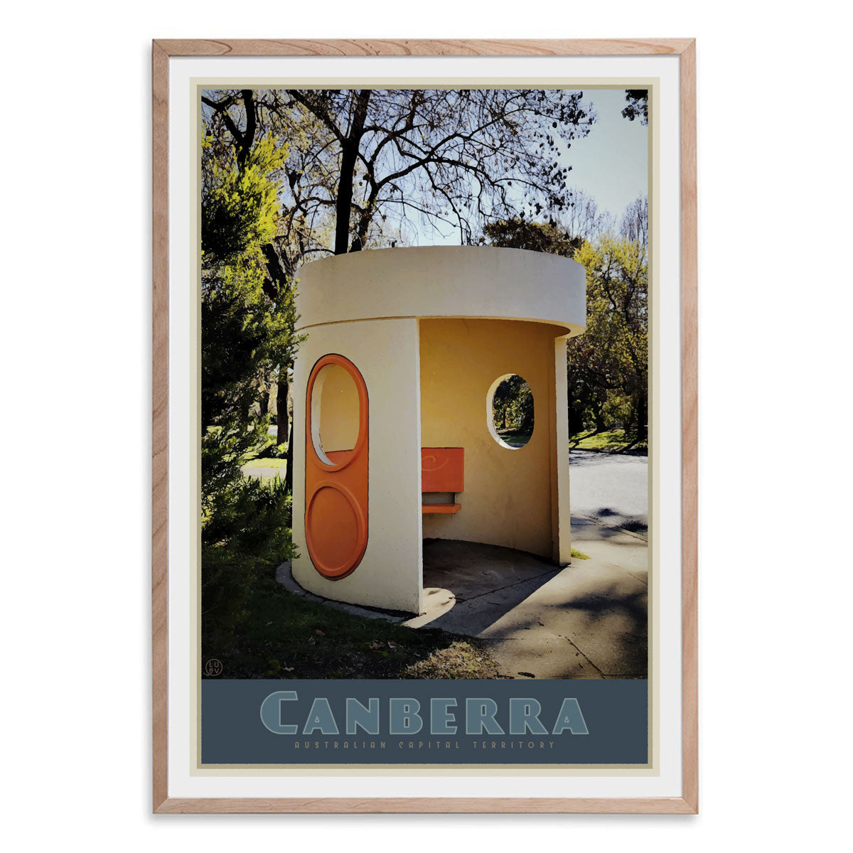 Canberra busstop oak framed vintage travel poster. Original design by Places we luv