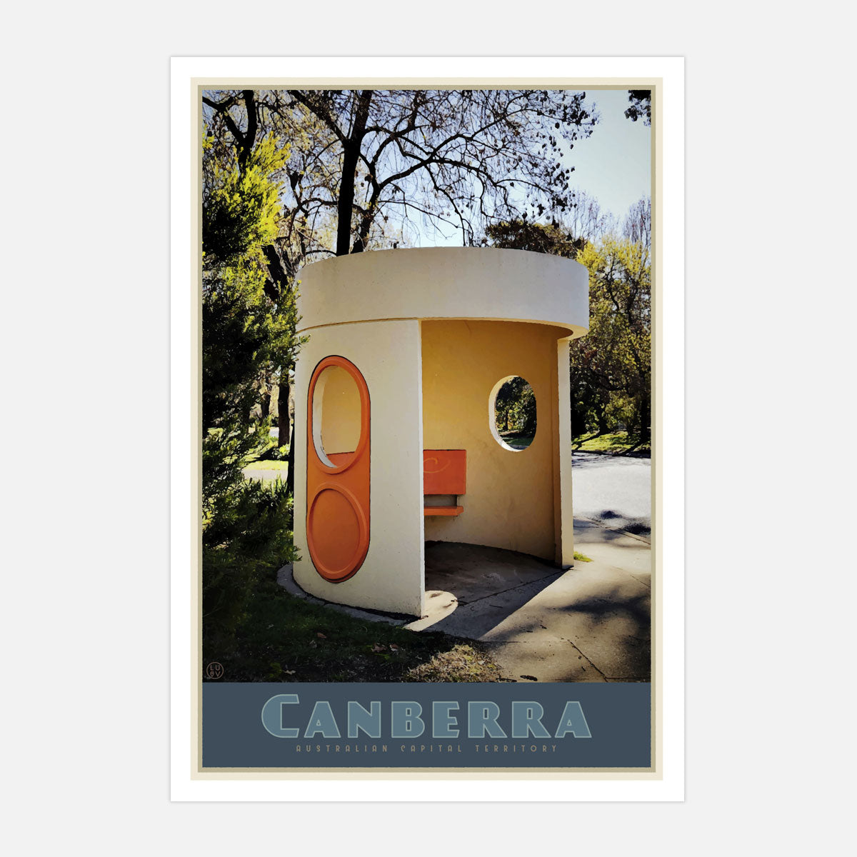 Canberra busstop vintage travel poster. Original design by Places we luv
