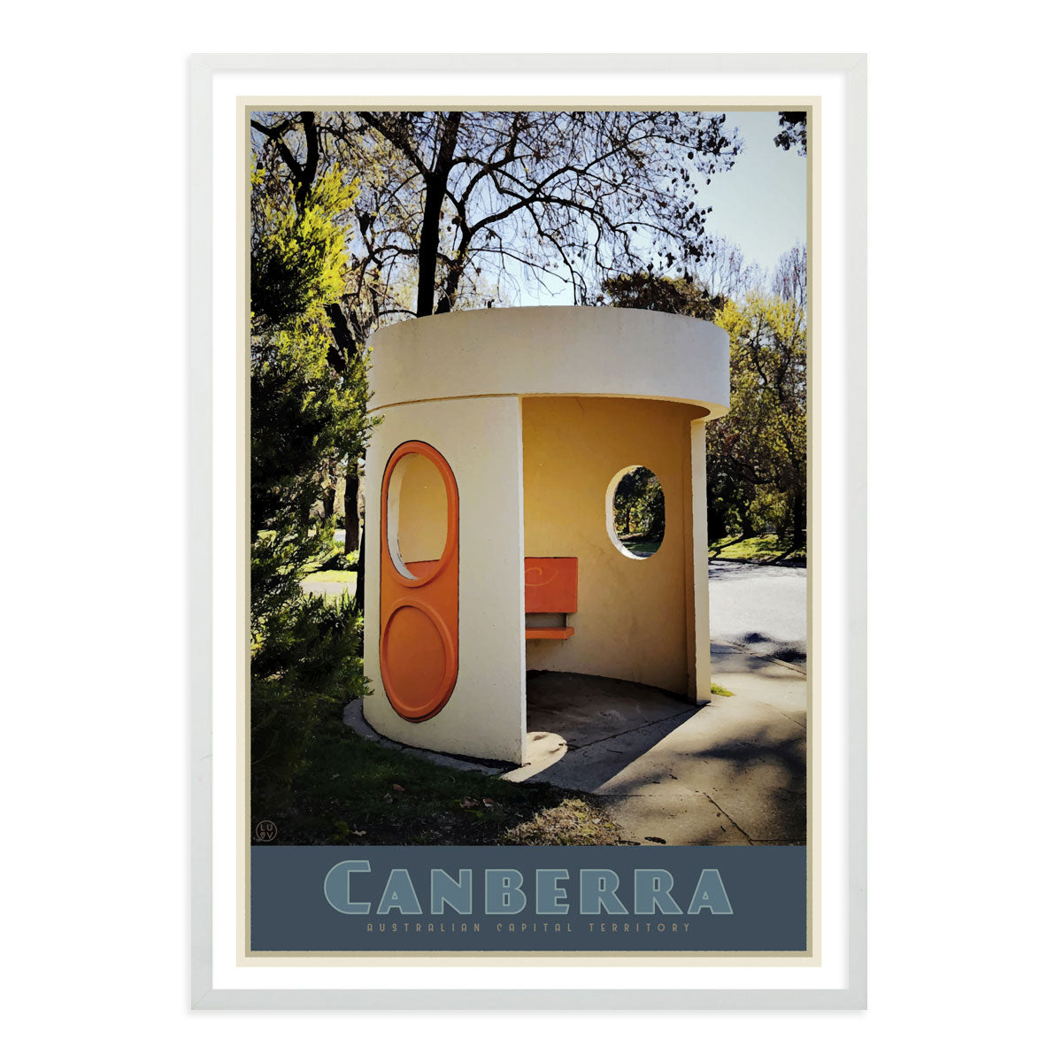 Canberra busstop white framed vintage travel poster. Original design by Places we luv