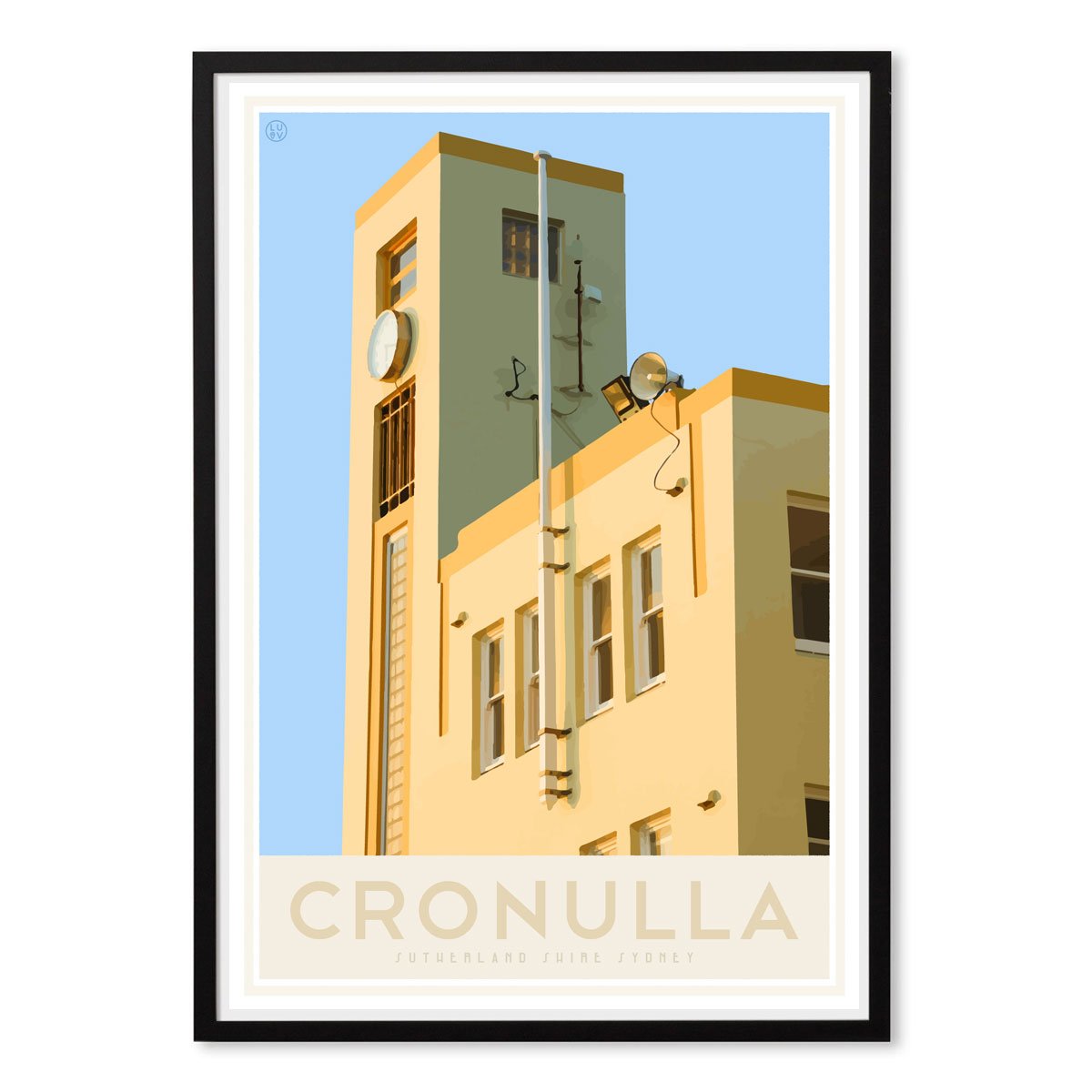 Cronulla Beach vintage travel style black framed print, designed by places we luv