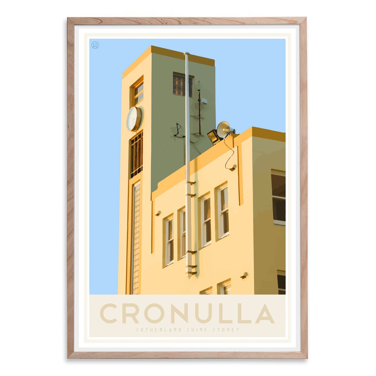 Cronulla Beach vintage travel style oak framed print, designed by places we luv