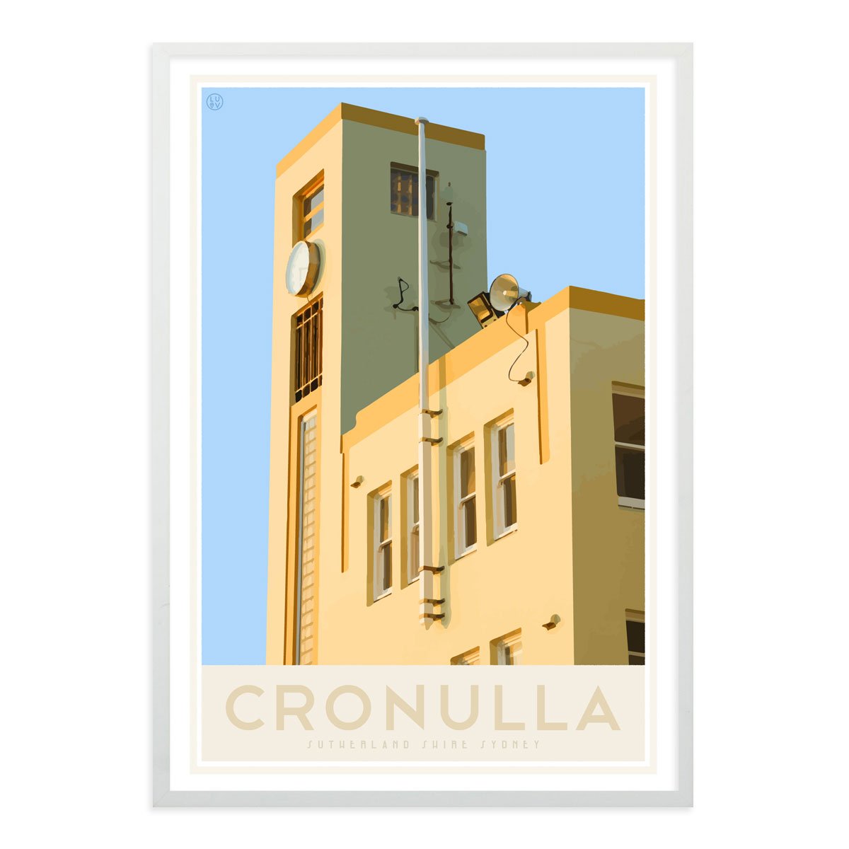 Cronulla Beach vintage travel style white framed print, designed by places we luv