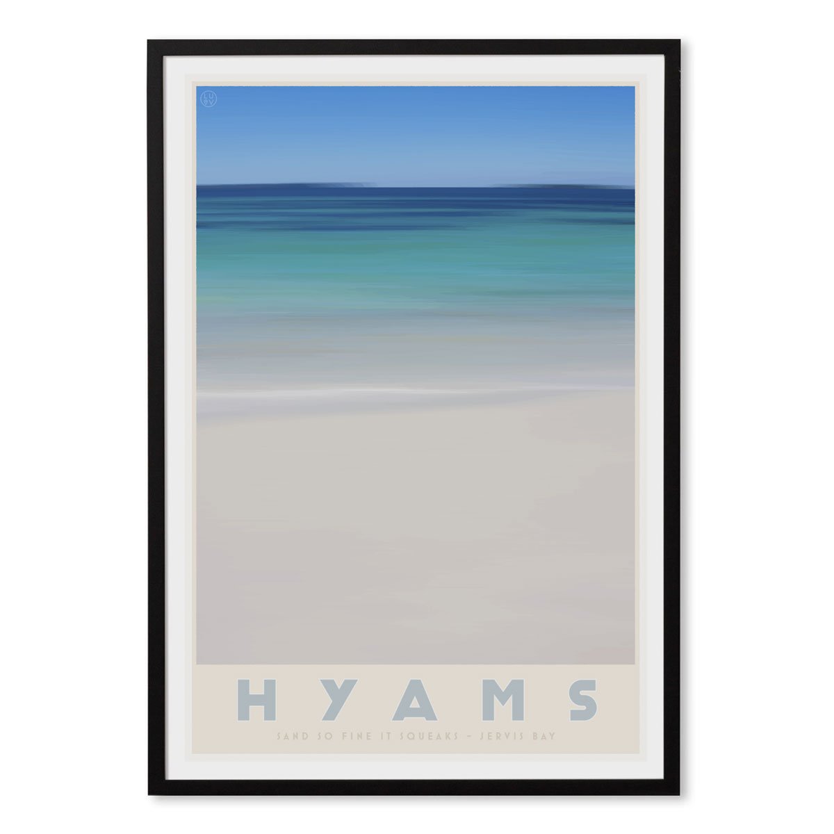 Hyams Beach black framed print. Vintage travel style. original design by places we luv