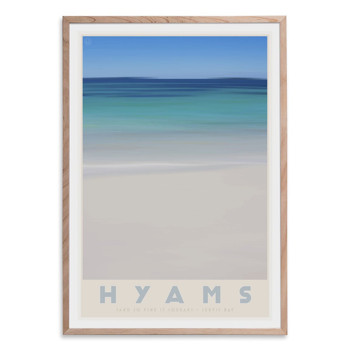 Hyams Beach raw wood framed print. Vintage travel style. original design by places we luv
