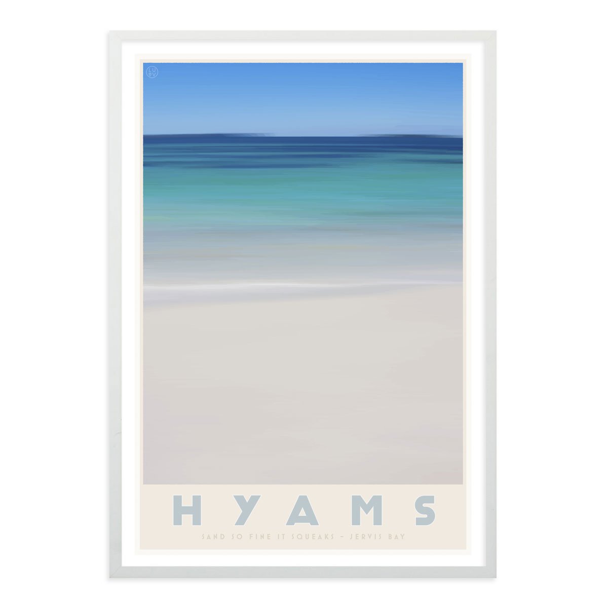 Hyams Beach white framed print. Vintage travel style. original design by places we luv