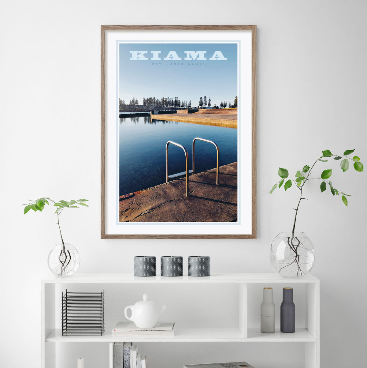 Kiama Pool Print framed in raw timber. Vintage travel style poster by places we love