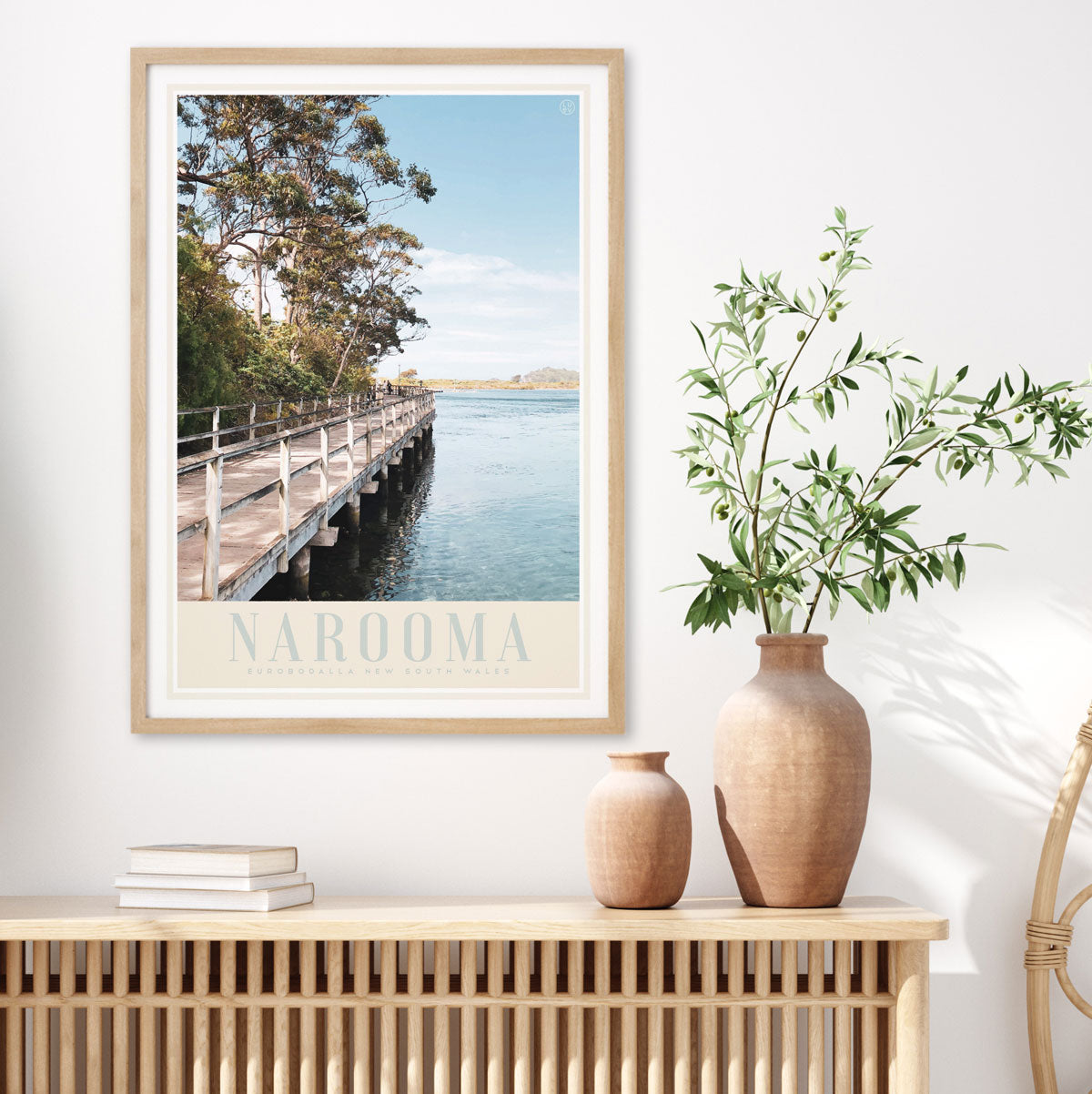 Narooma boardwalk vintage travel style framed print by places we luv