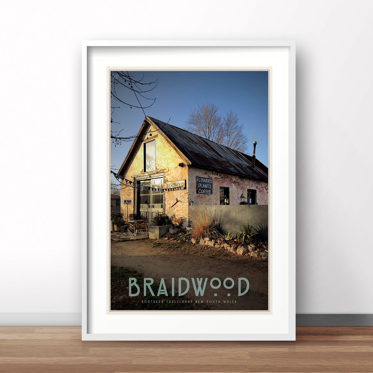 Braidwood cafe white framed vintage travel style poster. Original design by Places We Luv