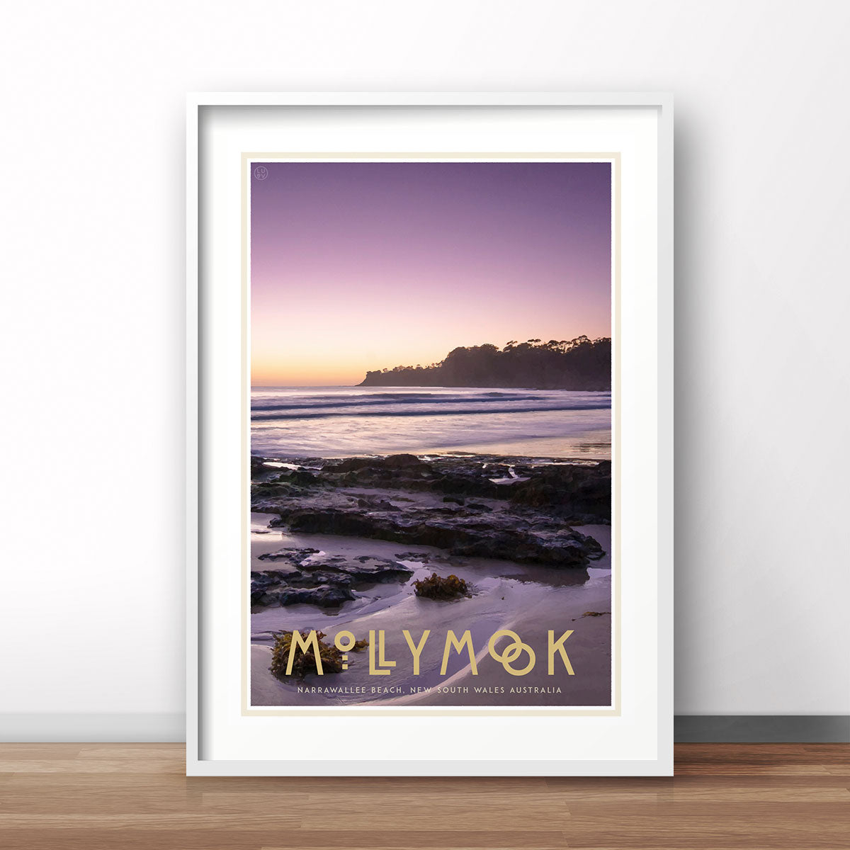 Mollymook white framed print vintage travel poster style. Original design by Places We Luv
