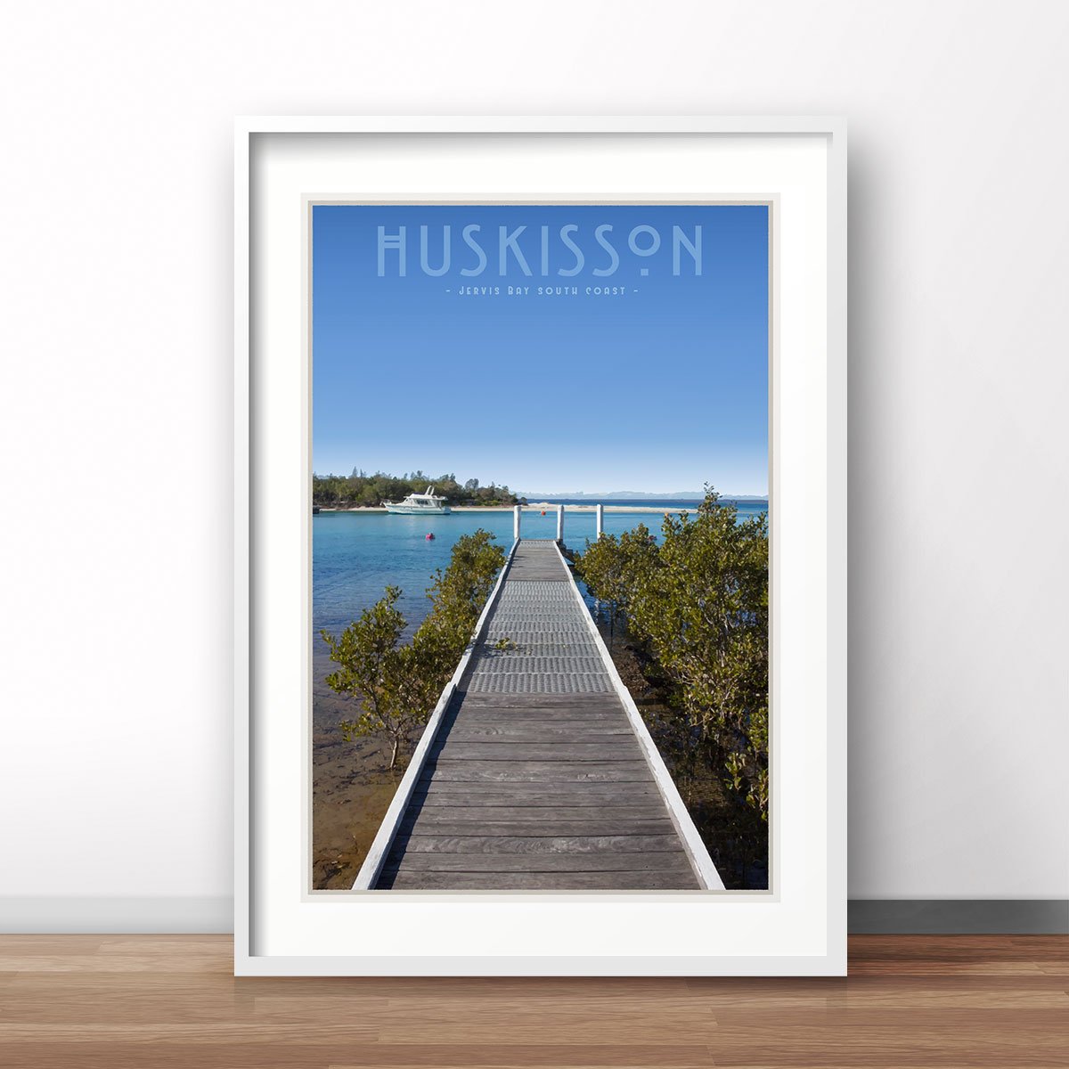 Huskisson vintage travel style white framed print by places we luv