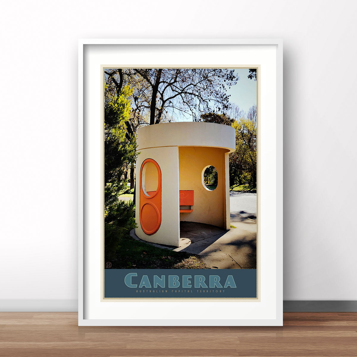 Canberra busstop white framed vintage travel poster. Original design by Places we luv