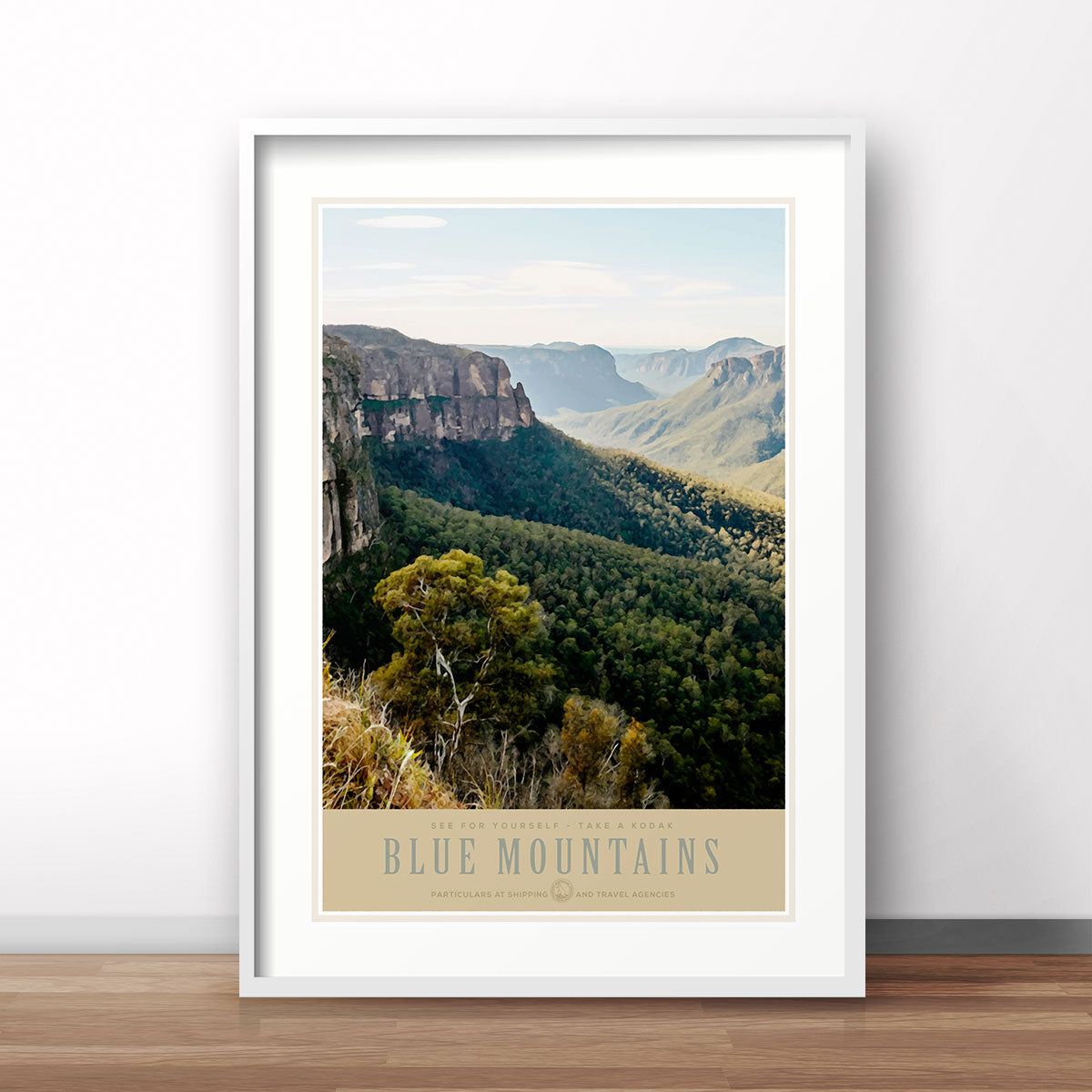Blue Mountains retro vintage poster in white frame from Places We Luv