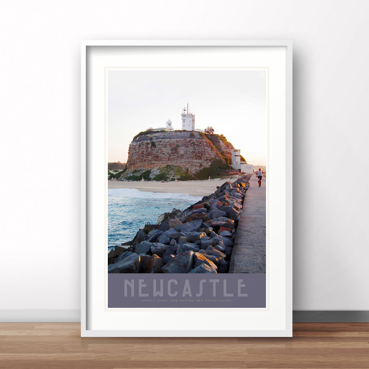 Newcastle Nobbys Beach NSW vintage travel style framed print by Places we luv
