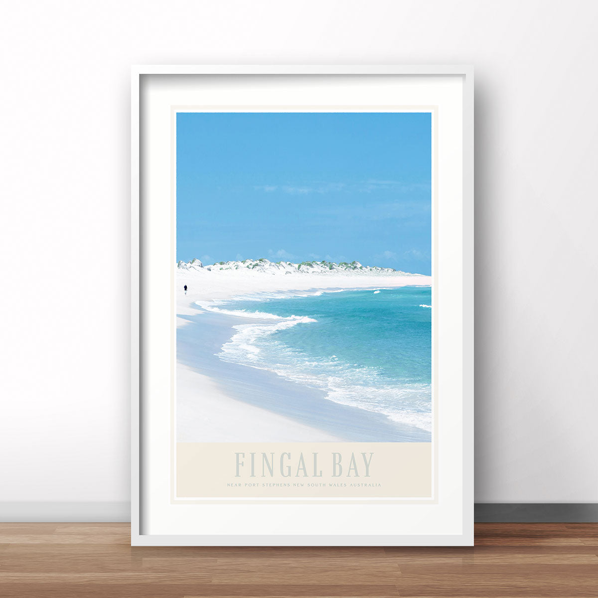 Fingal bay vintage retro poster print in white frame by places we luv